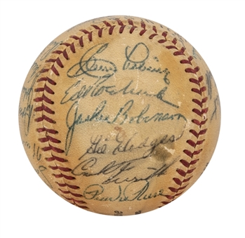 1955 World Champion Brooklyn Dodgers Team Signed ONL Giles Baseball With 23 Signatures Including Bold Jackie Robinson, Roy Campanella and Gil Hodges (PSA/DNA)